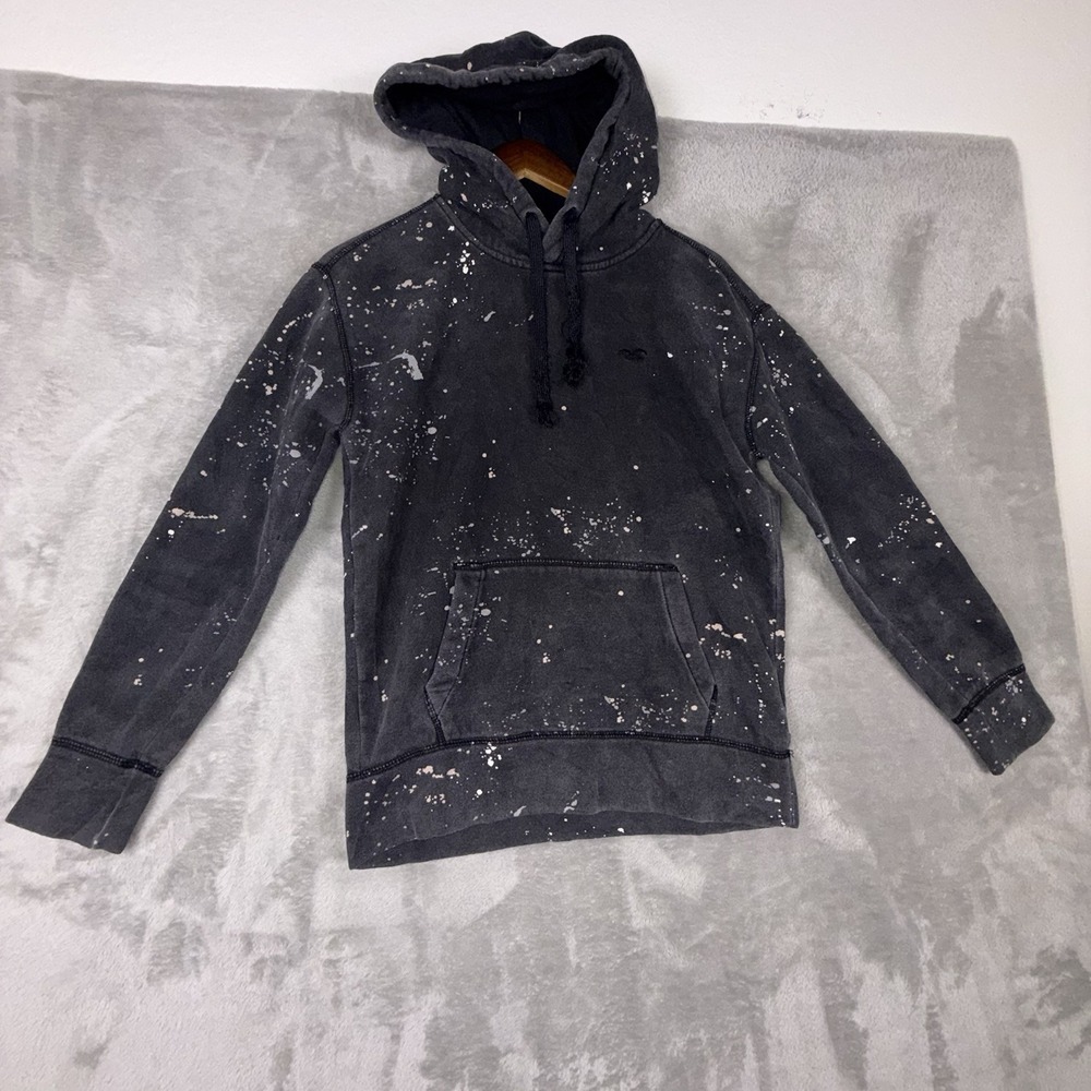Holister Hoodie Size Men's XS Distressed Black Paint Shop Splatter - Picture 2 of 14